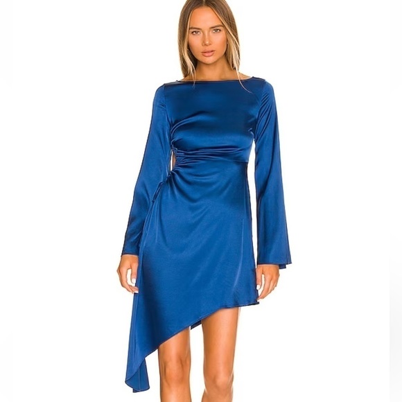 Camila Coelho Midi Dress M Luna Blue Satin Cutout Long Sleeve Navy Ruch Revolve - Picture 2 of 12